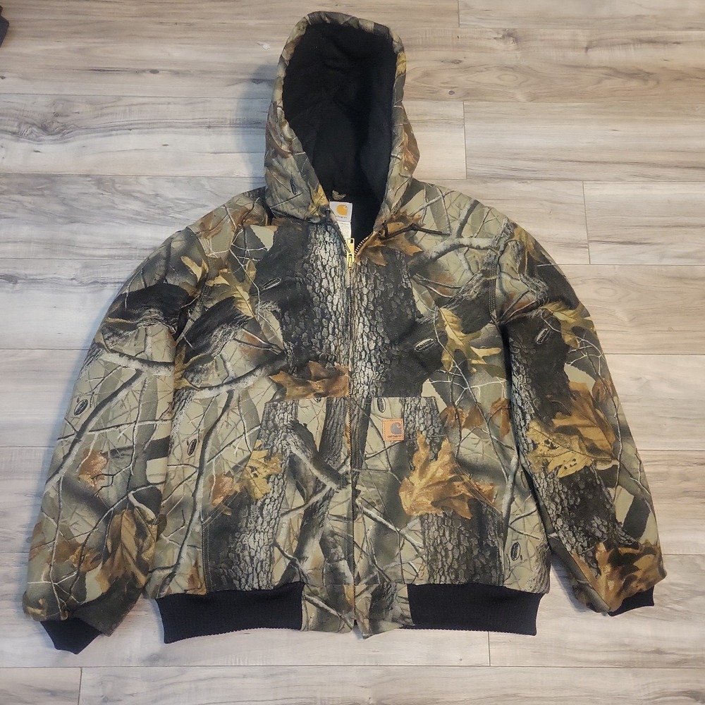 Retro J143 Carhartt Men's Large Camouflage Hooded Full Zip Thermal Lined Jacket